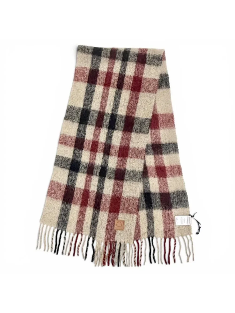 Moncler Sciarpa Mohair Alpaca Logo Leather Patch Plaid Fringe Large Scarf Beige